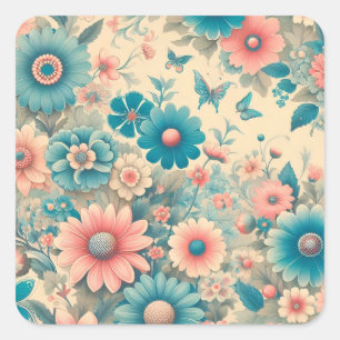 70s Vintage Meadow Blue & Pink Florals Square Sticker