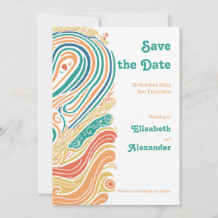 70's vintage psychedelic waves, save the date invitation