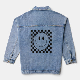 70s Yellow Smile Face  Cute Chequered Smiling Happ Denim Jacket