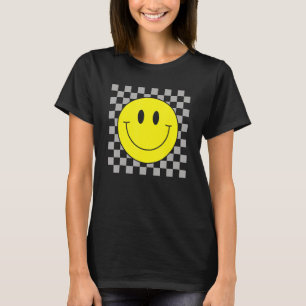 70s Yellow Smile Face Cute Chequered Smiling Happ T-Shirt