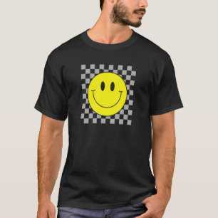 70s Yellow Smile Face Cute Chequered Smiling Happ T-Shirt