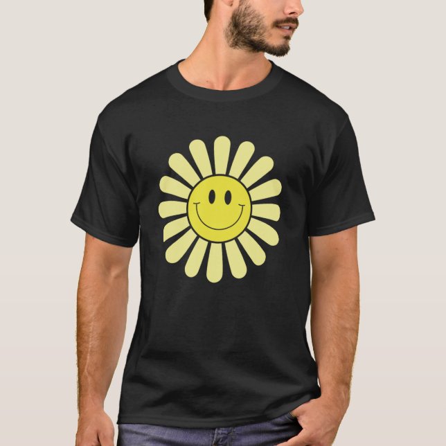 70s Yellow Smile Face Flower  Happy Peace Smiling  T-Shirt (Front)