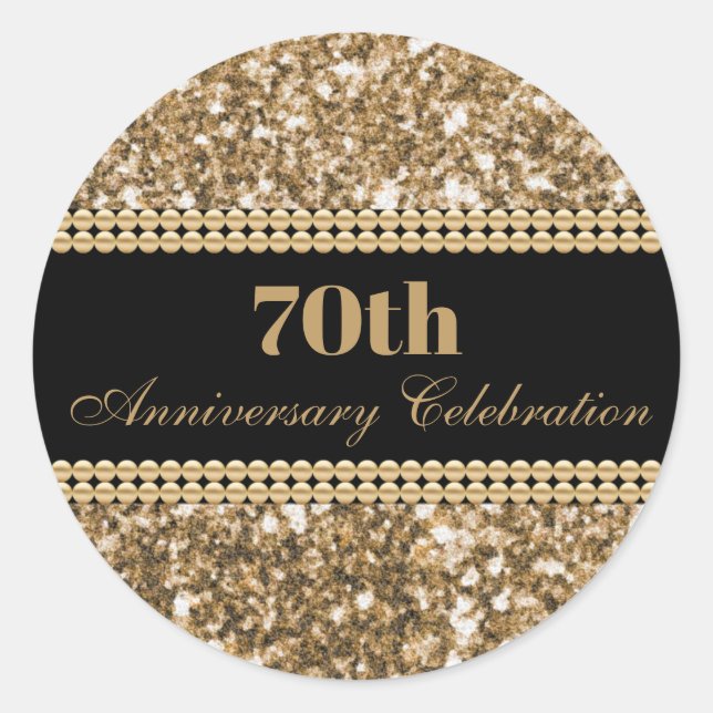 70th Anniversary Celebration Gold Glitter Pearls Classic Round Sticker (Front)