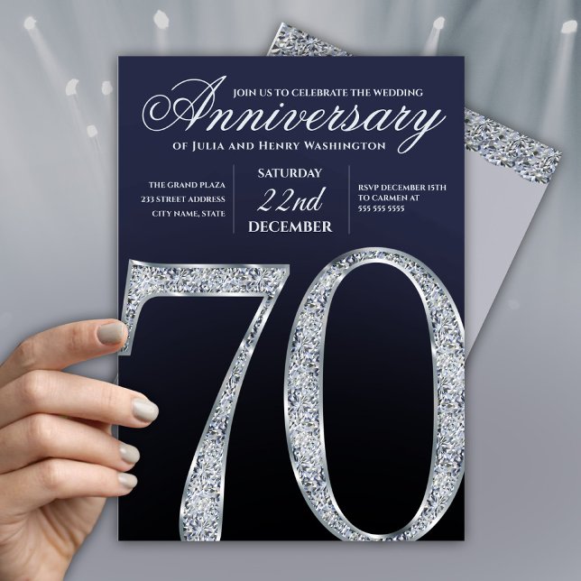 70th Anniversary Diamond Silver Navy Blue Modern Invitation (Creator Uploaded)