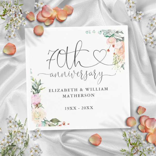 70th Anniversary Gold Heart Roses Floral Napkin (70th Anniversary Gold Heart Roses Floral Napkins)