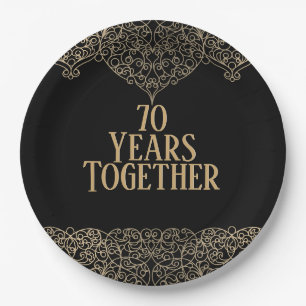 70th Anniversary Gold Lace On Black  Paper Plate