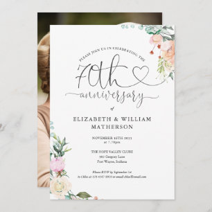 70th Anniversary Heart Script Floral Photo Invitation