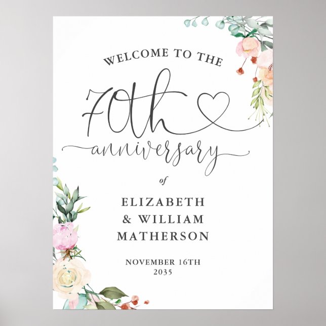 70th Anniversary Heart Script Floral Welcome Sign (Front)