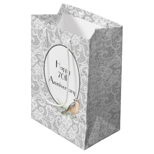 70th Anniversary Lace on Silver Medium Gift Bag (Front Angled)