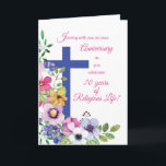 70th Anniversary Nun Religious Life Cross, Flowers Card<br><div class="desc">A good Nun will soon remember seventy years of experiences and hard work. Let her know how important her generous Christian work is on her 70th Anniversary of Religious Life. A big blue cross next to flowers in soft colours,  all on white.</div>