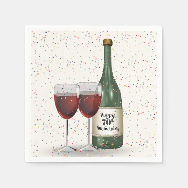 70th Anniversary Party Wine Bottle and Two Glasses Napkin (Front)