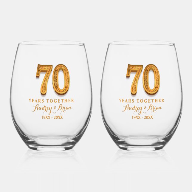 70th Anniversary Personalised Stemless Wine Glass (Front)