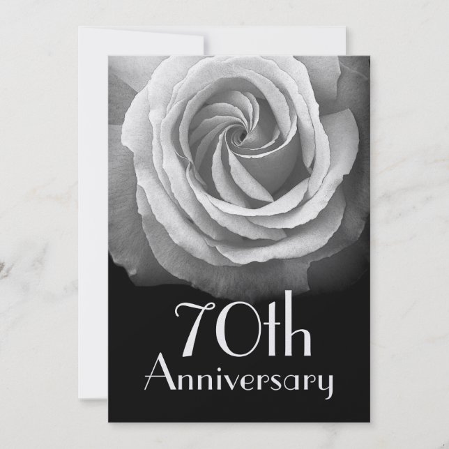 70th Anniversary Silver White Rose Metallic Invitation (Front)
