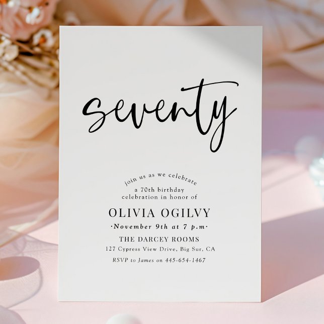 70th B&W Birthday Party Modern Script Typography Invitation (Creator Uploaded)