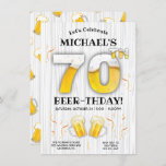 70th Beer Birthday Party Milestone Invitation<br><div class="desc">Celebrate your friend or family's birthday for the beer lover with the fun and clever Beer-thday Party invitation. Features the number 70th that is filled with beer and foam, two cheering beer mugs on a white washed woodgrain background. Other milestone number available and if you can't find it please email...</div>