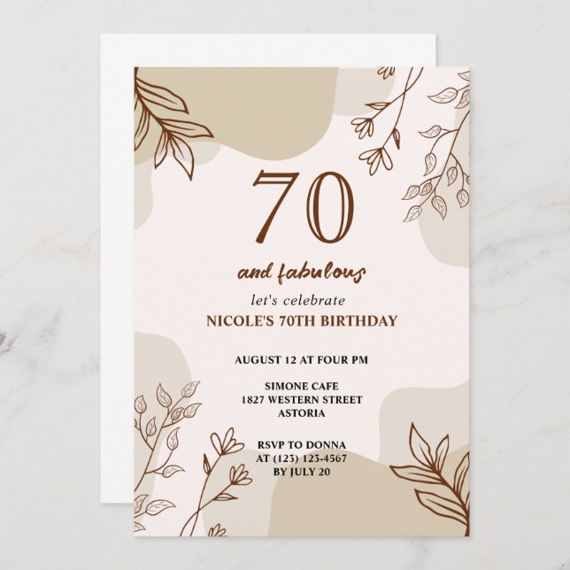 70th beige brown floral birthday invitation  (Front/Back)