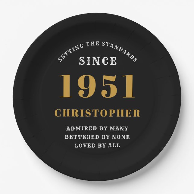 70th Birthday 1951 Black Gold Love Personalised Paper Plate (Front)