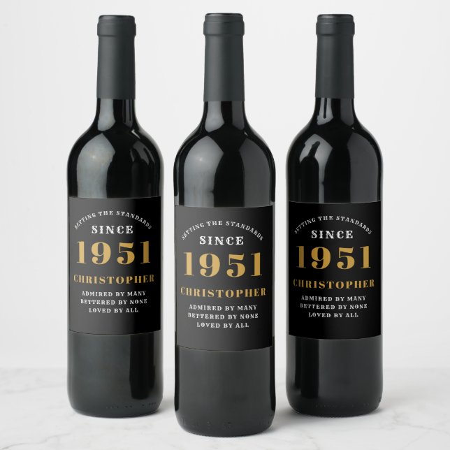 70th Birthday 1951 Black Gold Retro Personalised Wine Label (Bottles)