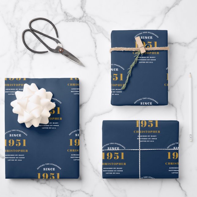 70th Birthday 1951 Blue Gold For Him Personalised Wrapping Paper Sheet (Front)