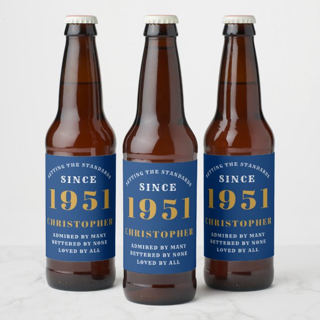 70th Birthday 1951 Blue Gold Retro Personalised Beer Bottle Label (Bottles)