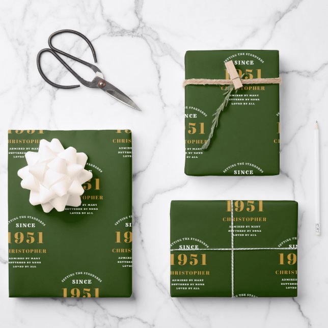 70th Birthday 1951 Green Gold For Him Personalised Wrapping Paper Sheet (Front)