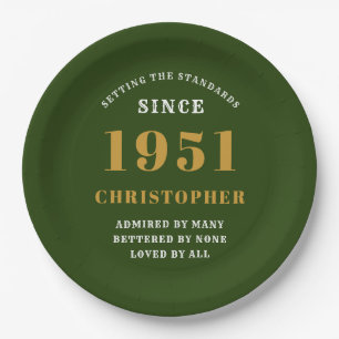 70th Birthday 1951 Green Gold Love Personalised Paper Plate