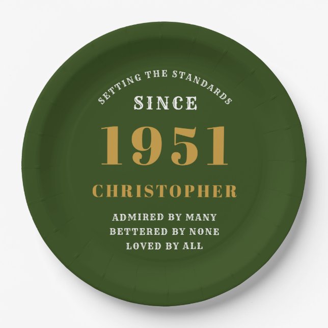 70th Birthday 1951 Green Gold Love Personalised Paper Plate (Front)