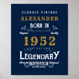 70th Birthday 1952 Add Name Legendary Blue Gold Poster