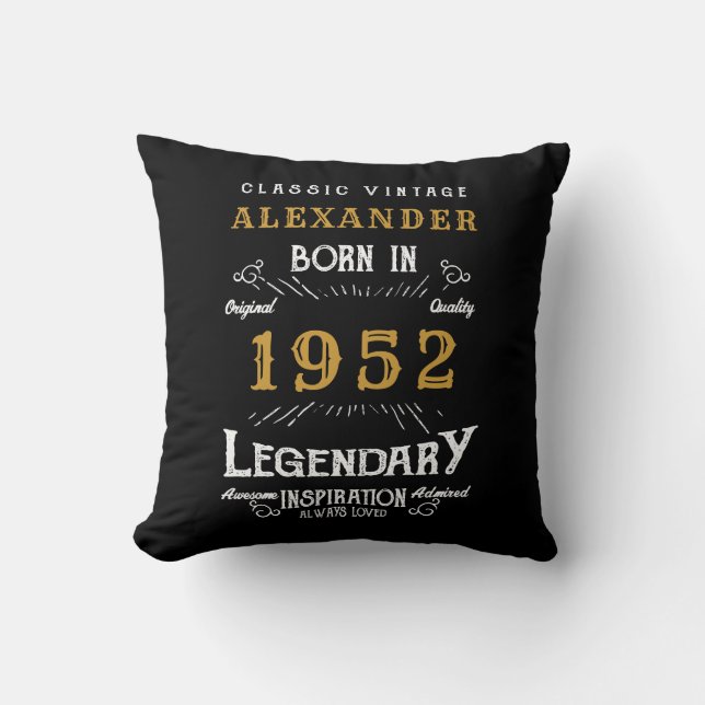 70th Birthday 1952 Black Gold Add Name Retro Cushion (Front)