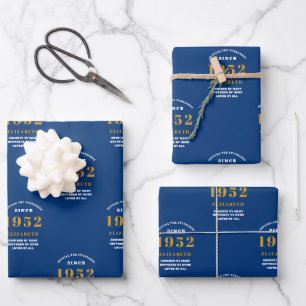 70th Birthday 1952 Blue Gold Chic Elegant Wrapping Paper Sheet