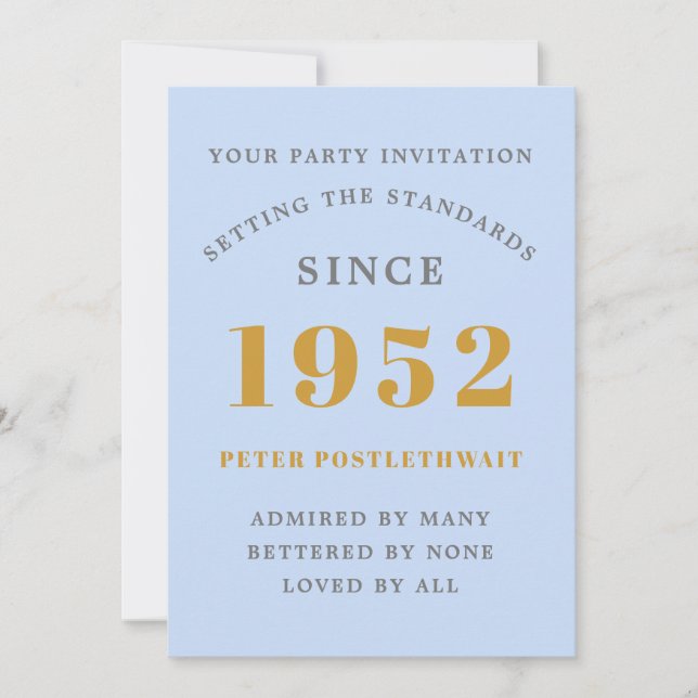 70th Birthday 1952 Blue Gold Elegant Chic Invitation (Front)