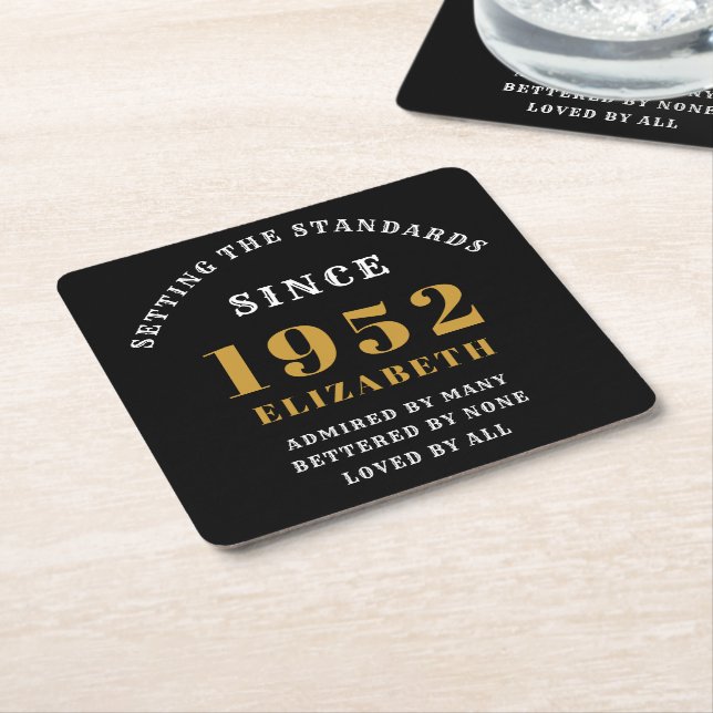 70th Birthday 1952 Elegant Black Gold Chic Square Paper Coaster (Angled)