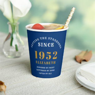 70th Birthday 1952 Elegant Blue Gold Chic Paper Cups
