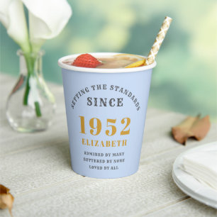 70th Birthday 1952 Elegant Blue Grey Gold Chic Paper Cups