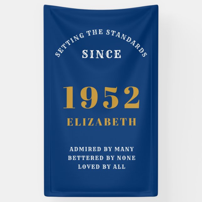 70th Birthday 1952 Elegant Chic Gold Blue Banner (Vertical)