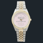 70th Birthday 1952 Elegant Girly Pink Grey Woman's Watch<br><div class="desc">A wonderful design for that special celebration. Easily customise the text using the template provided. Part of the setting standards range of birthday gifts.</div>