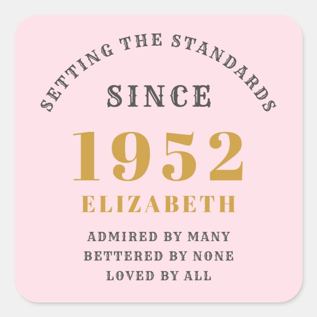 70th Birthday 1952 Elegant Gold Pink Grey Square Sticker (Front)