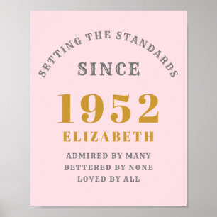 70th Birthday 1952 Elegant Pink Grey Gold Chic Poster