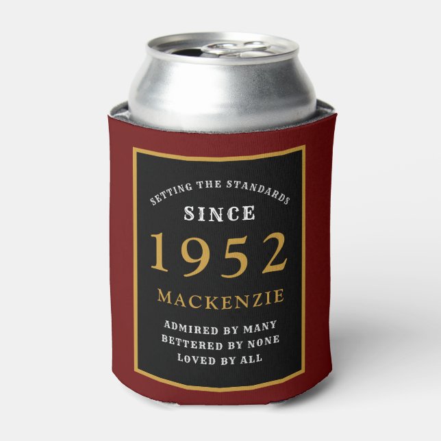 70th Birthday 1952 Name Elegant Red Black Gold Can Cooler (Can Front)