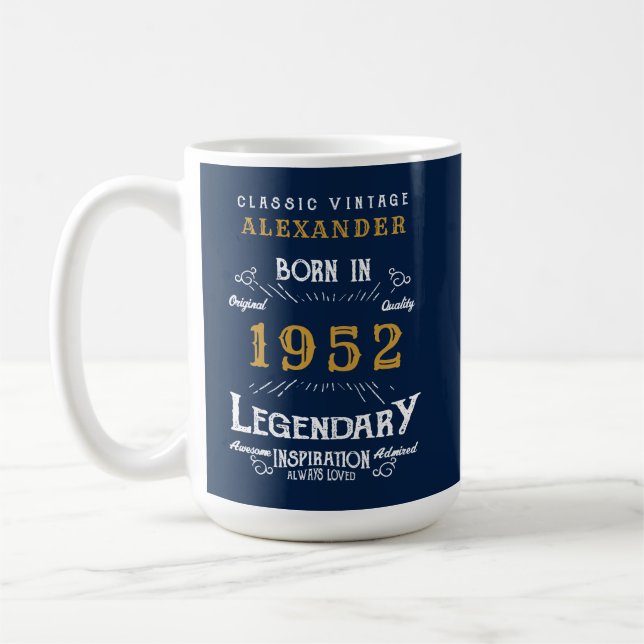 70th Birthday 1952 Name Legendary Blue Gold Large Coffee Mug (Left)