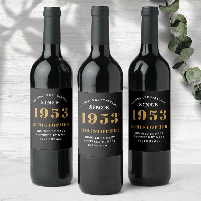 70th Birthday 1953 Black Gold Retro Personalised Wine Label (Creator Uploaded)