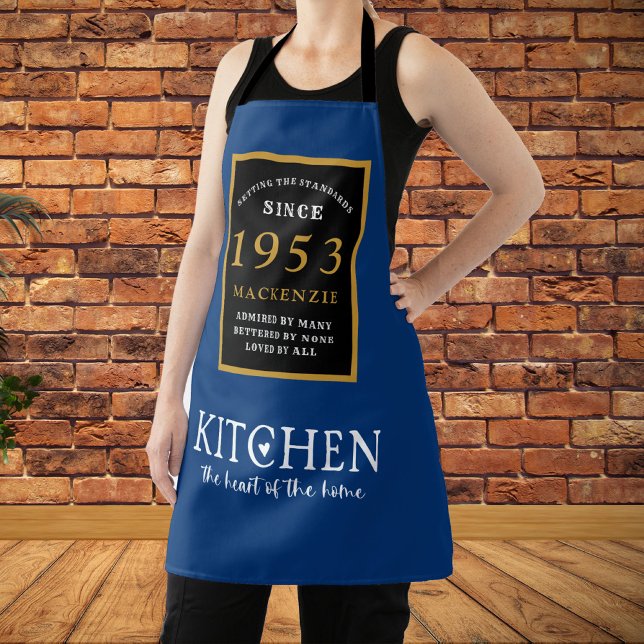 70th Birthday 1953 Name Elegant Black Gold Blue Apron (Creator Uploaded)