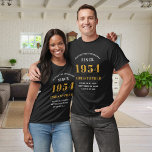 70th Birthday 1954 Add Name Black Gold Party T-Shirt<br><div class="desc">Custom 70th Birthday Guest of Honour Black and Gold T-Shirt – Born 1954 Edition. Celebrate your milestone birthday in style with our Custom 70th Birthday Guest of Honour t-shirt. Our black and gold tee is the perfect statement piece for this special occasion. With a design that proudly features '1954', wear...</div>