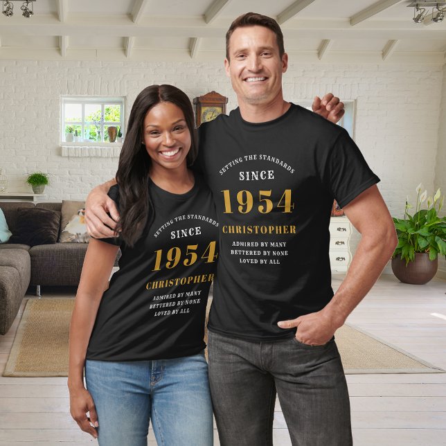 70th Birthday 1954 Add Name Black Gold Party T-Shirt (Custom 70th Birthday Guest of Honor Black and Gold T-Shirt – Born 1954 Edition)