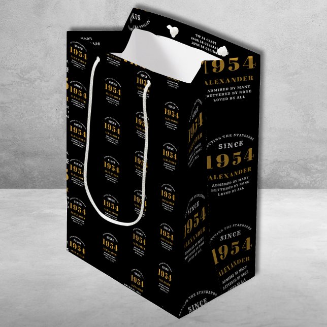 70th Birthday 1954 Black Gold Chic Elegant Medium Gift Bag (70th Birthday Chic 1954 Themed Black & Gold Elegant Gift Bags.)