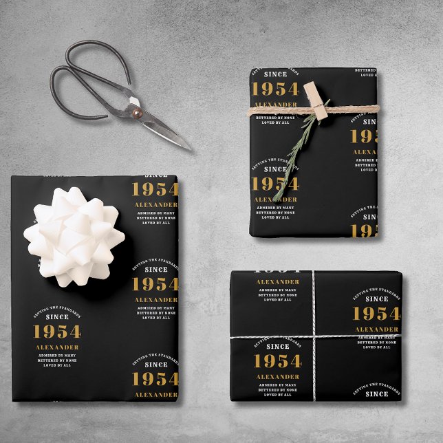 70th Birthday 1954 Black Gold Chic Elegant Wrapping Paper Sheet (70th Birthday Chic 1954 Themed Black & Gold Elegant Wrapping Paper Sheets.)