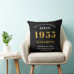 70th Birthday 1955 Black Gold lady's Personalised Cushion<br><div class="desc">A personalised classic throw pillow design for that birthday celebration for special person born in 1955. Add the name to this vintage retro style black, white and gold design for a custom birthday gift. Easily edit the name and year with the template provided. A wonderful custom birthday gift. More gifts...</div>