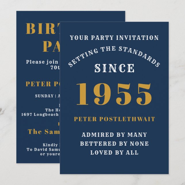 70th Birthday 1955 Blue Gold Personalised For Him Invitation (Front/Back)