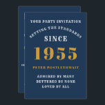 70th Birthday 1955 Blue Gold Personalised For Him Invitation<br><div class="desc">For those born in 1955 and celebrating their 70th birthday party we have the ideal birthday invitation card. The blue background with a white and gold design is simple and yet elegant. Easily customise the text to the front and the rear of this birthday invitation card using the template provided....</div>