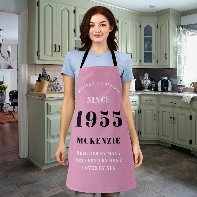 70th Birthday 1955 Name Chic Elegant Pink Apron (70th birthday personalized long pink apron)